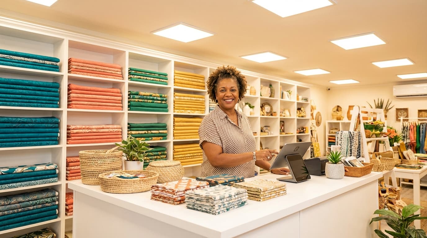 Inside the Abeds store - a welcoming service counter with colorful fabric displays