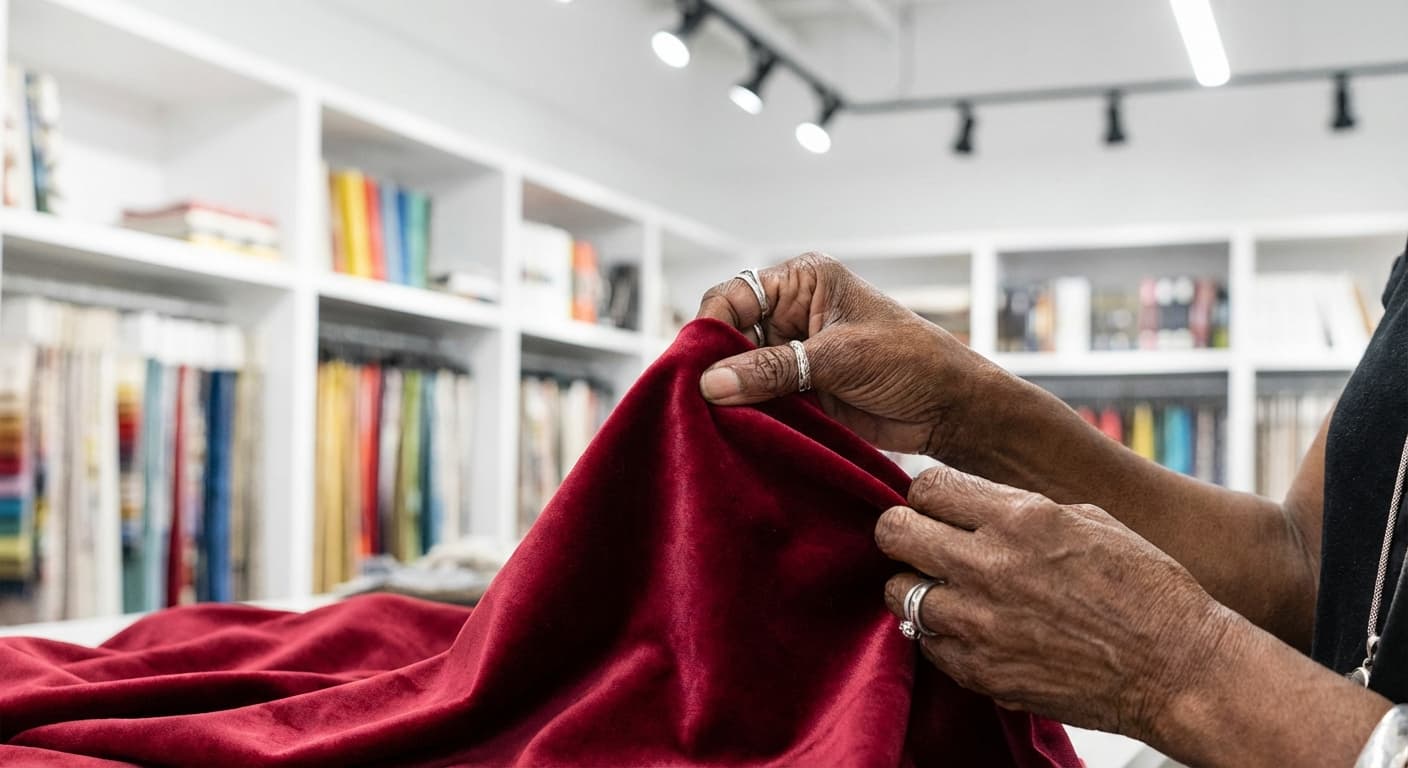 Expert hands examining crimson silk fabric