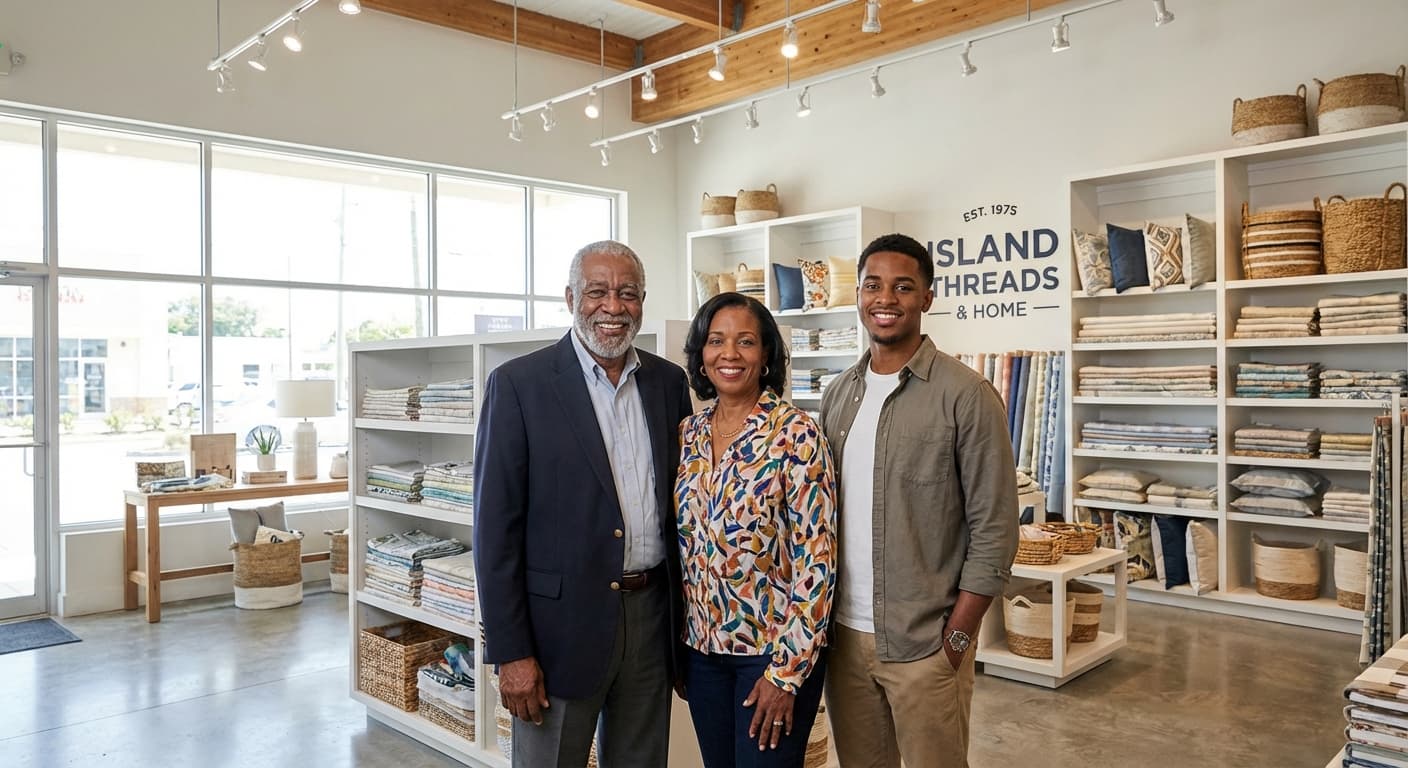 Three generations of the Abeds family in their fabric store