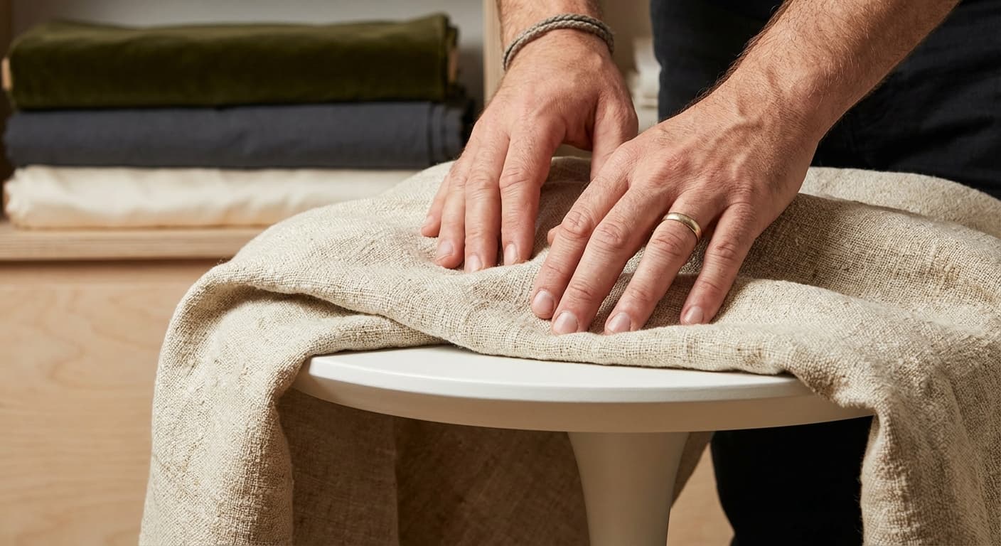 Hands touching premium fabric
