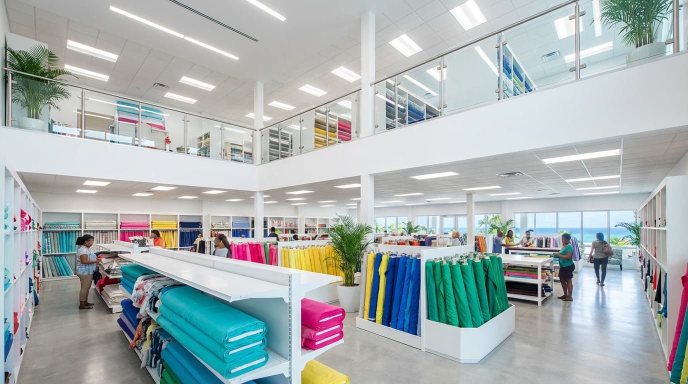 Inside the Abeds fabric store - colorful bolts of fabric in rich jewel tones