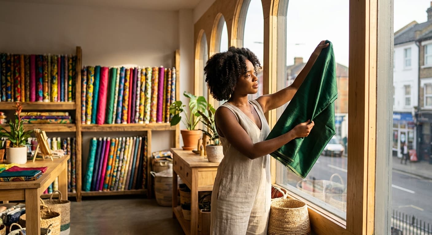 Customer viewing fabric in person
