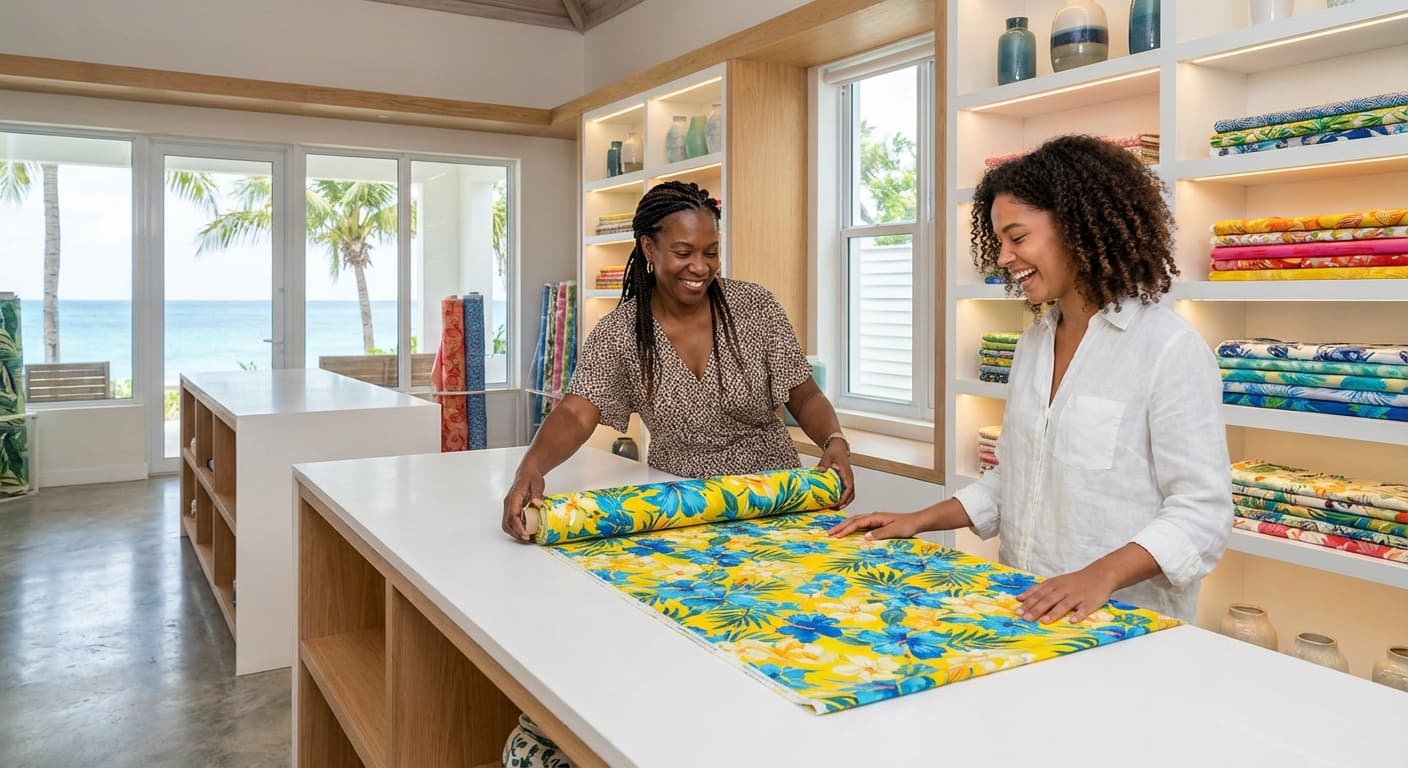 Staff member helping a customer choose fabric at the cutting counter